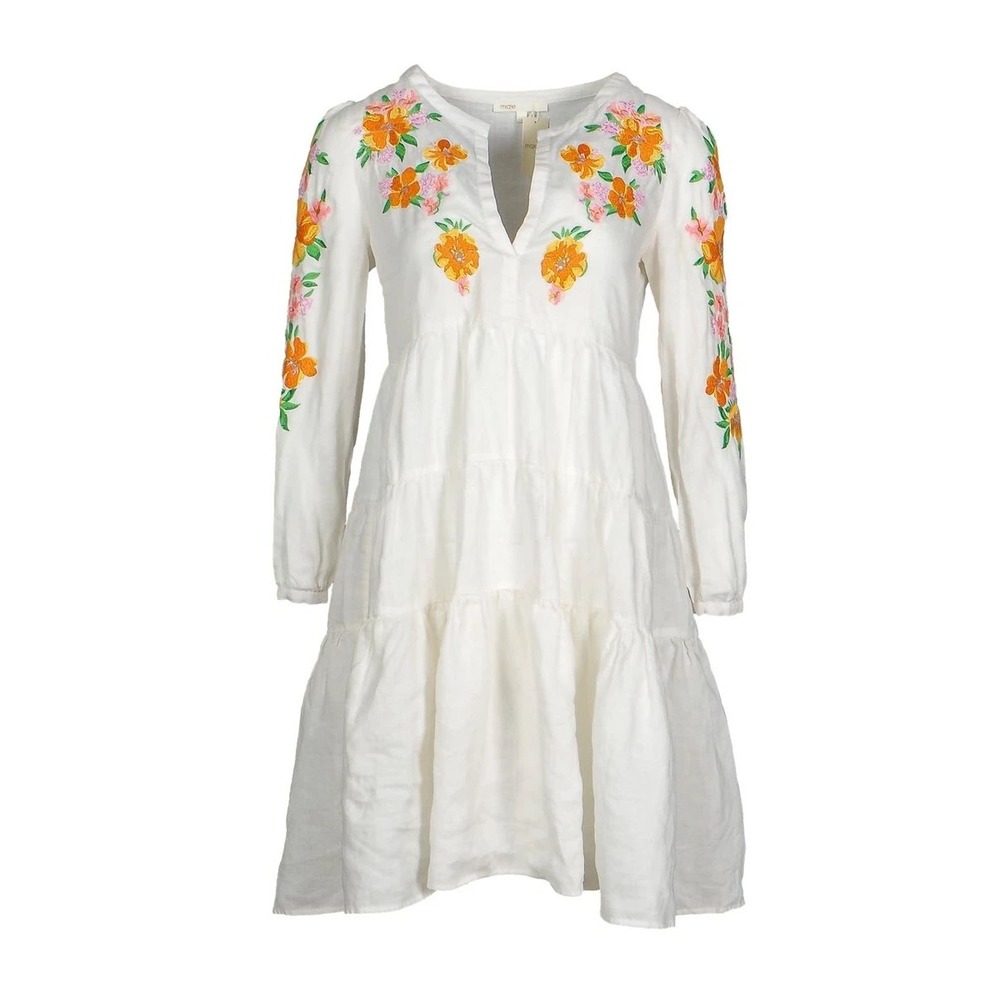 Maje Rose Blanc Embroidered Ramie Tiered Mini Dress White Floral Size 1 Small‎